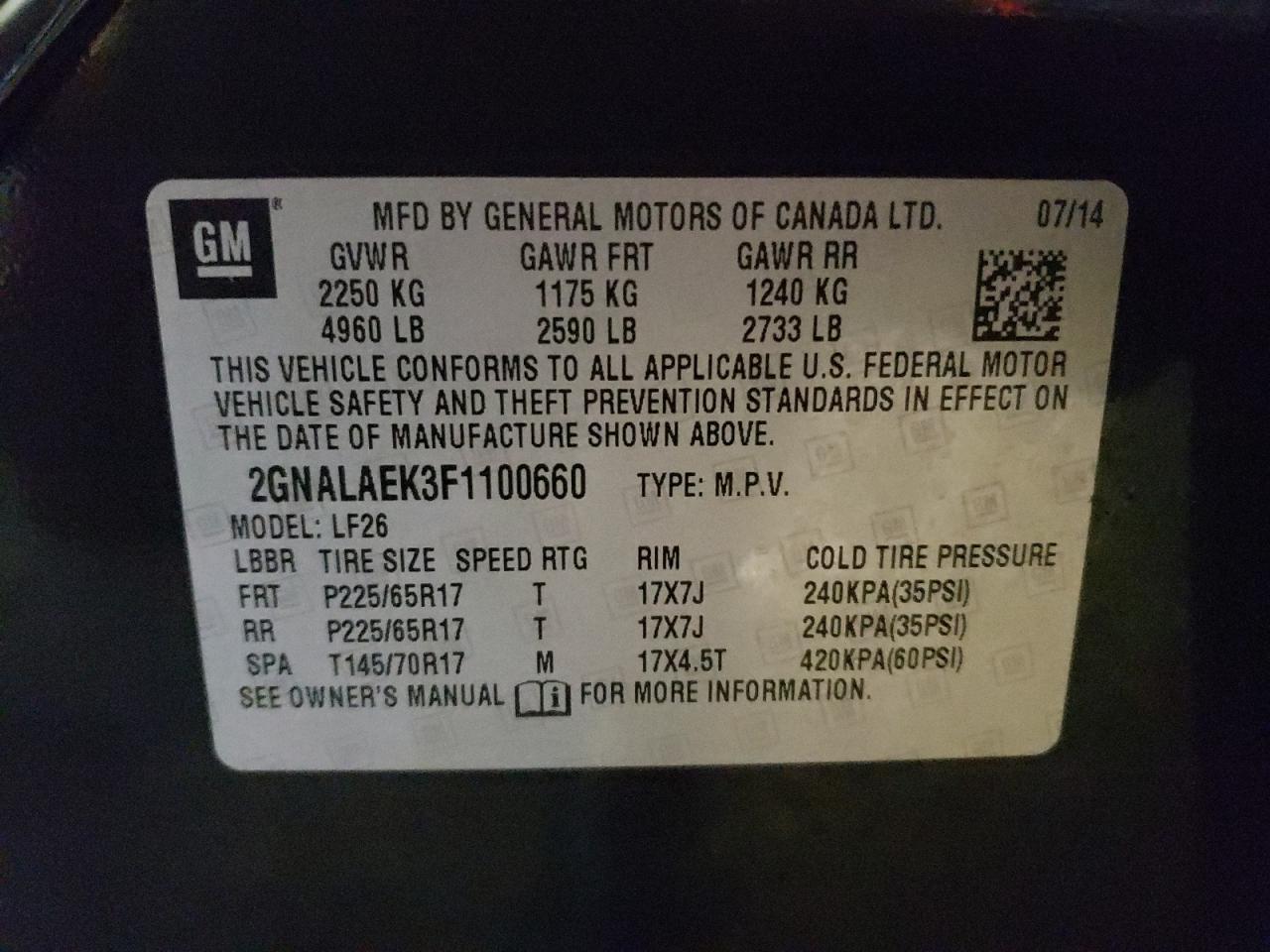 Photo 10 from auction – 2015 CHEVROLET EQUINOX LS with VIN 2GNALAEK3F1100660