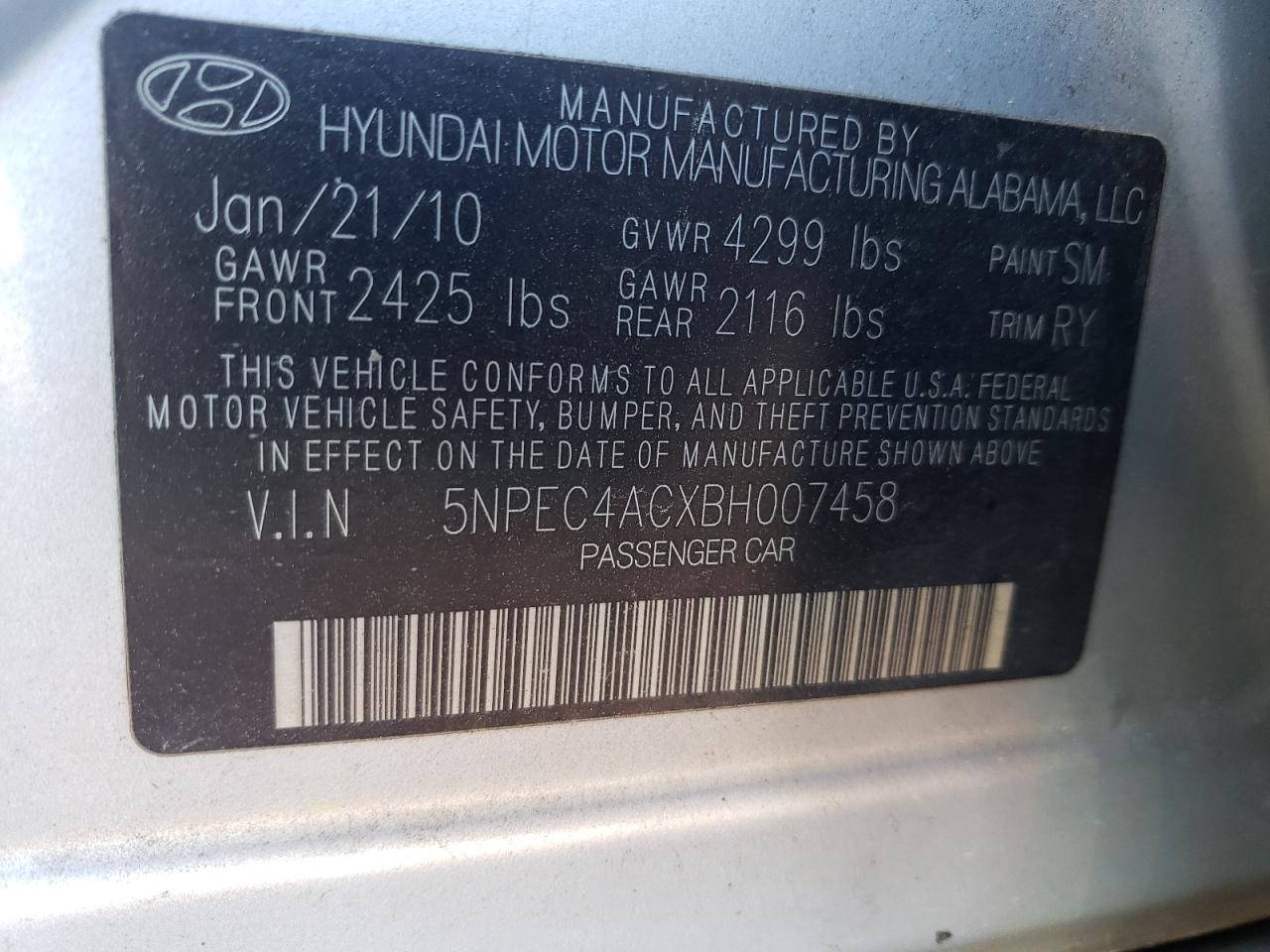 Photo 10 from auction – 2011 HYUNDAI SONATA SE with VIN 5NPEC4ACXBH007458
