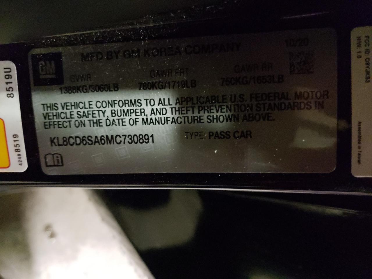 Photo 10 from auction – 2021 CHEVROLET SPARK 1LT with VIN KL8CD6SA6MC730891