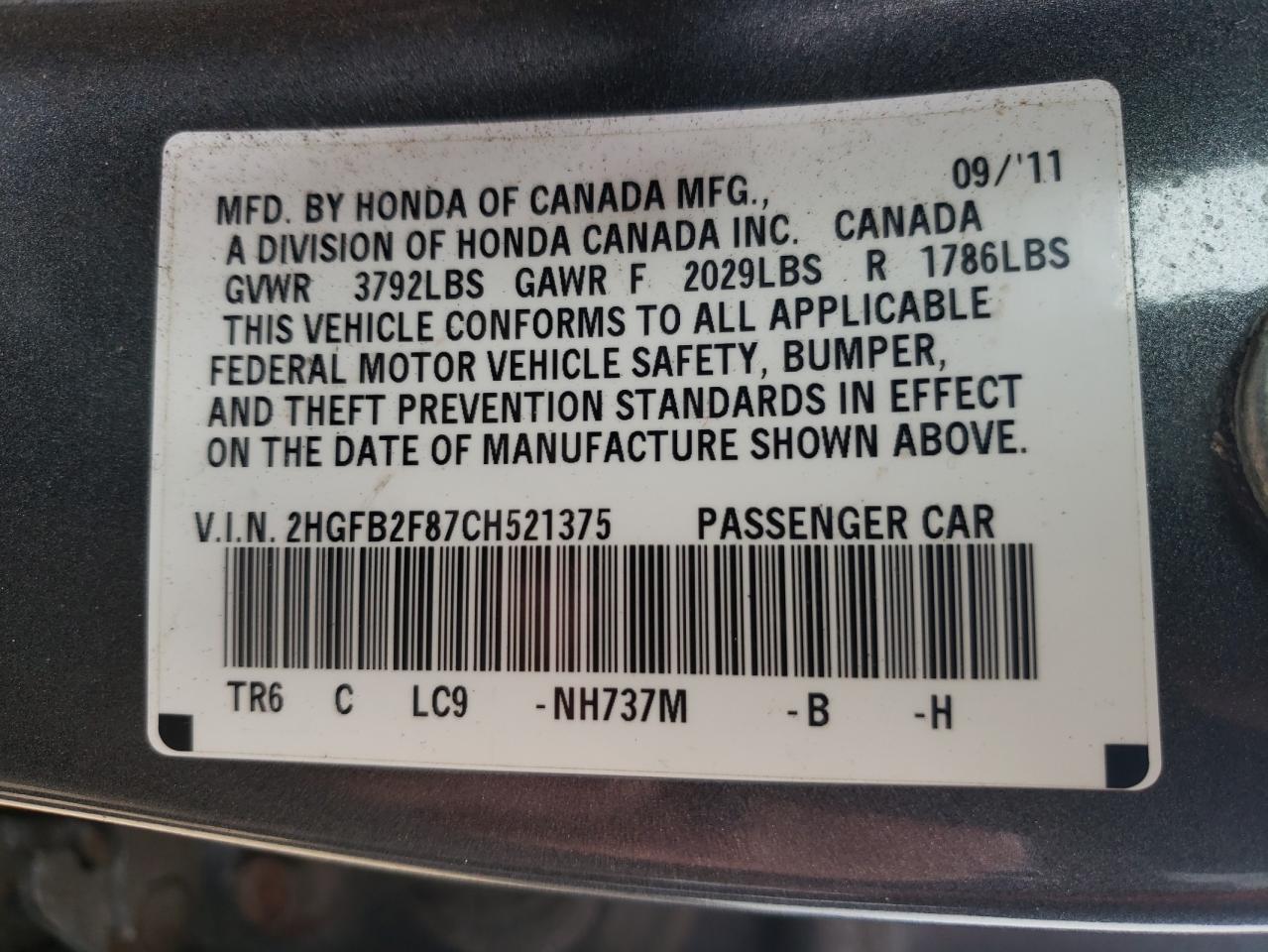 Photo 10 from auction – 2012 HONDA CIVIC EX with VIN 2HGFB2F87CH521375