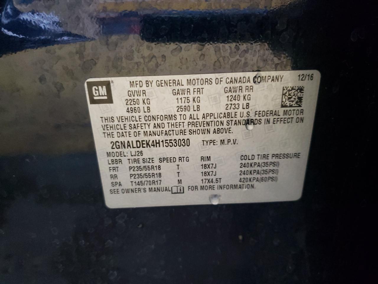 Photo 10 from auction – 2017 CHEVROLET EQUINOX PR with VIN 2GNALDEK4H1553030