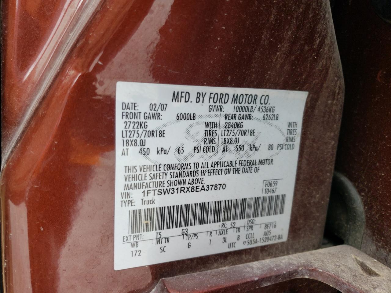 Photo 10 from auction – 2008 FORD F350 SRW S with VIN 1FTSW31RX8EA37870