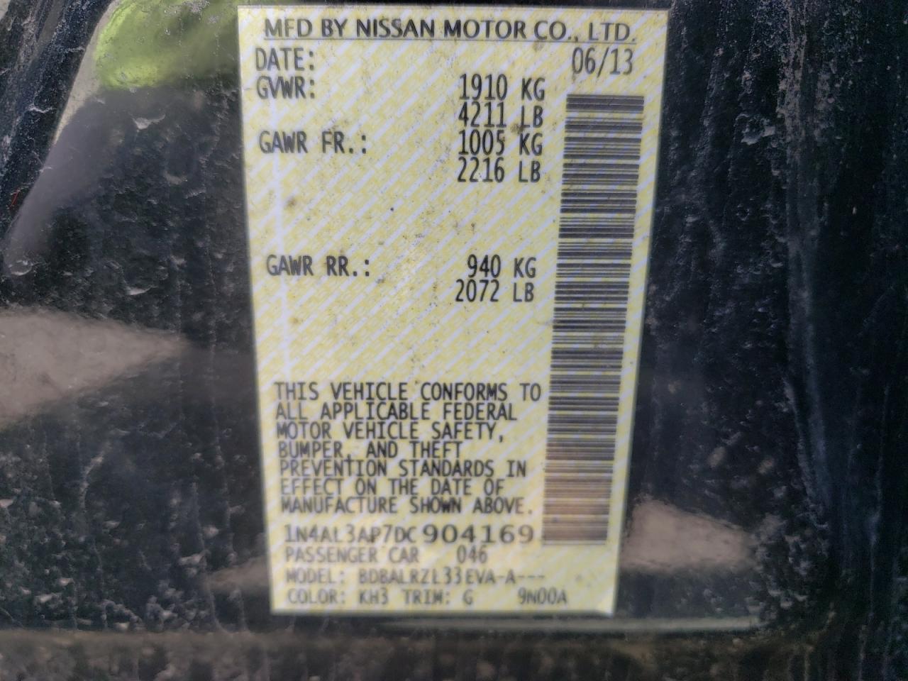 Photo 10 from auction – 2013 NISSAN ALTIMA 2.5 with VIN 1N4AL3AP7DC904169