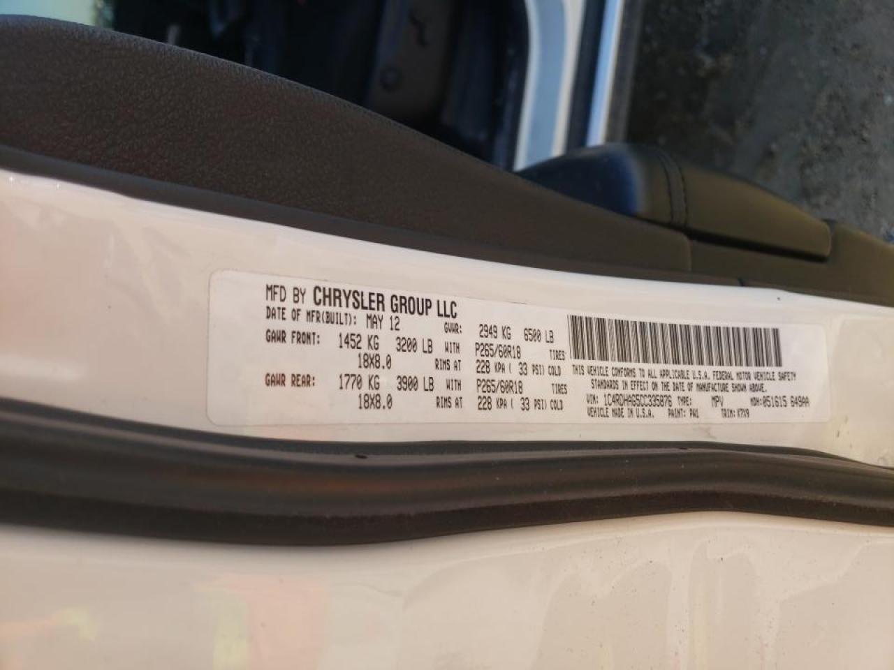 Photo 10 from auction – 2012 DODGE DURANGO SX with VIN 1C4RDHAG5CC335876