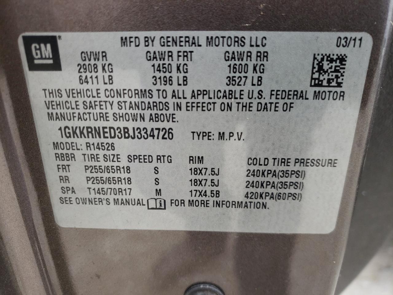 Photo 10 from auction – 2011 GMC ACADIA SLE with VIN 1GKKRNED3BJ334726