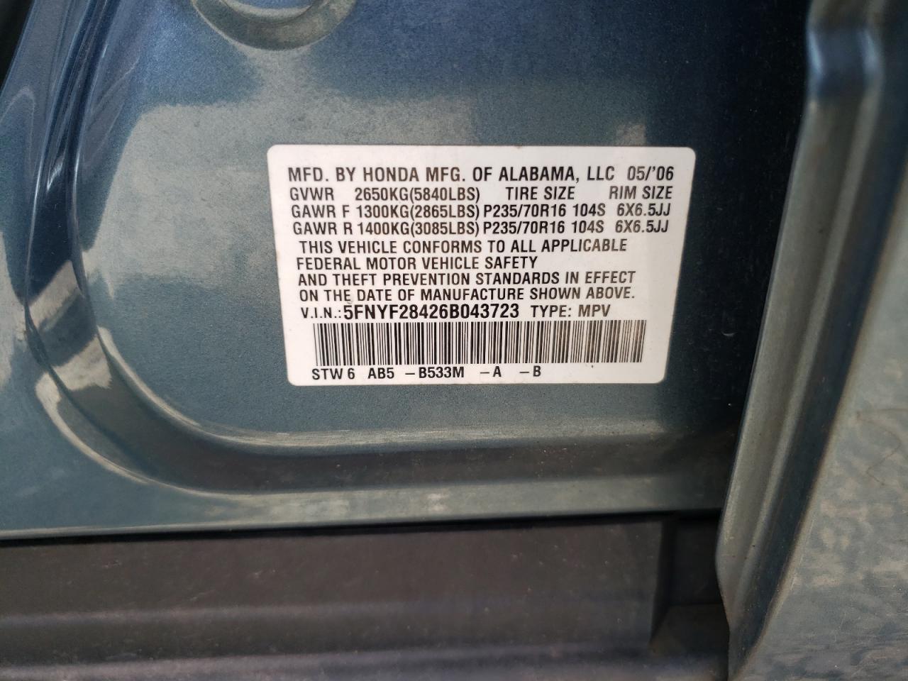 Photo 10 from auction – 2006 HONDA PILOT EX with VIN 5FNYF28426B043723