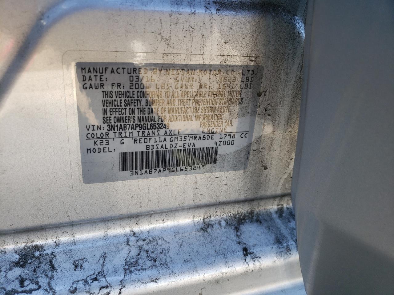 Photo 10 from auction – 2016 NISSAN SENTRA S with VIN 3N1AB7AP9GL653249