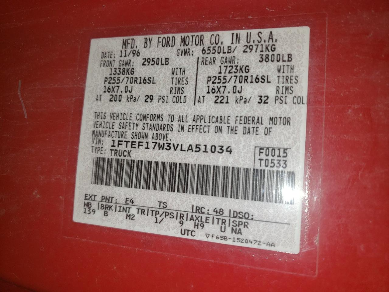 Photo 10 from auction – 1997 FORD F150 with VIN 1FTEF17W3VLA51034