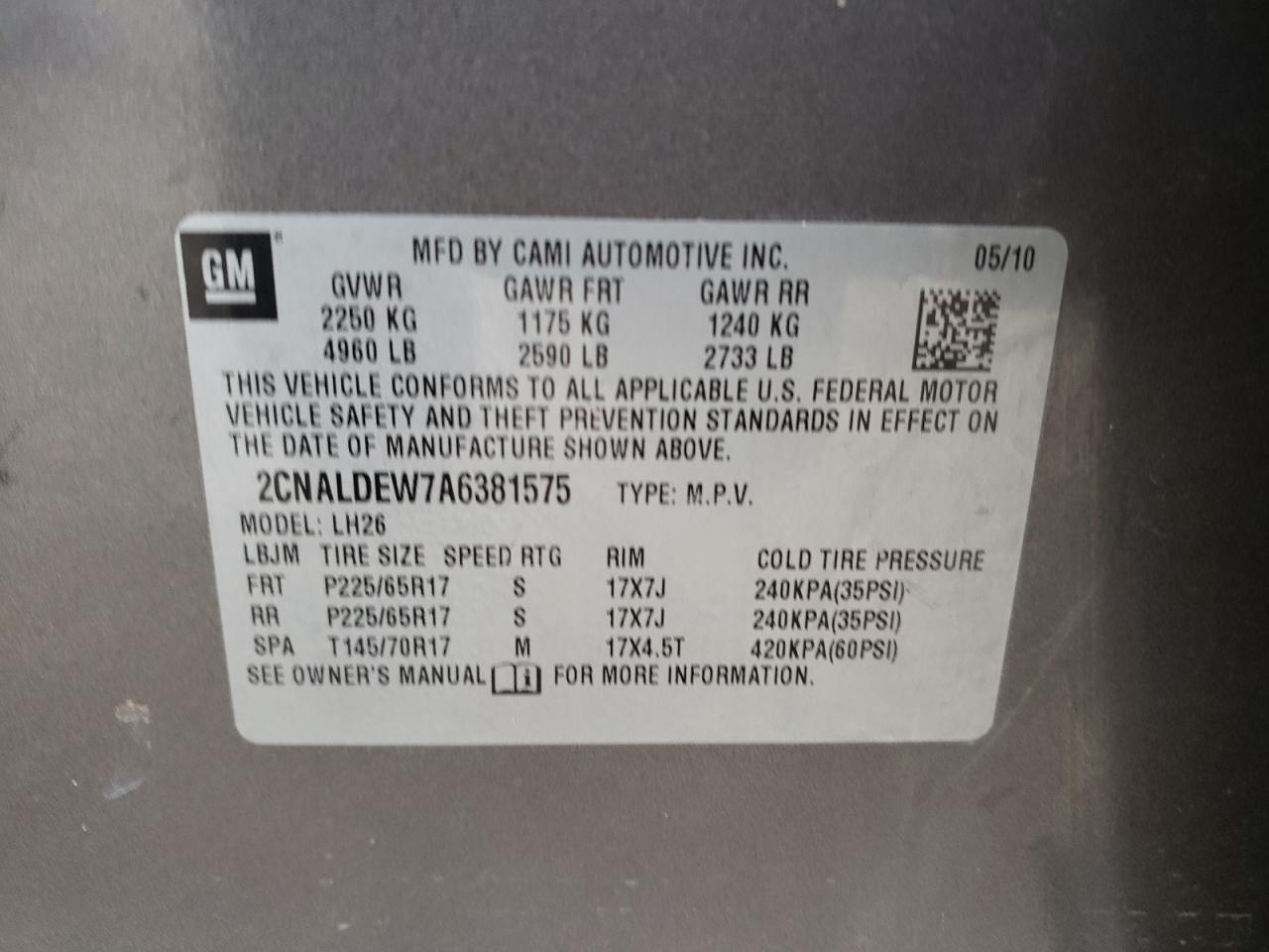 Photo 10 from auction – 2012 CHEVROLET EQUINOX with VIN 2CNALDEW7A6381575