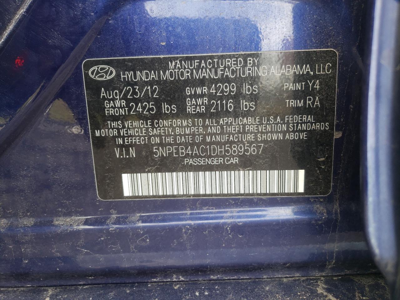 Photo 10 from auction – 2013 HYUNDAI SONATA GLS with VIN 5NPEB4AC1DH589567