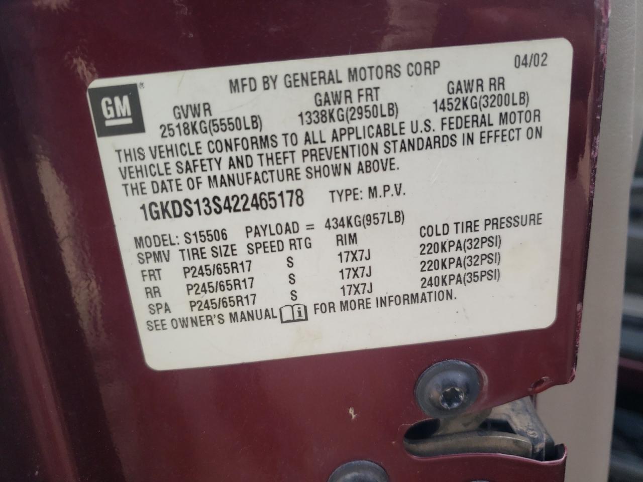 Photo 10 from auction – 2002 GMC ENVOY with VIN 1GKDS13S422465178