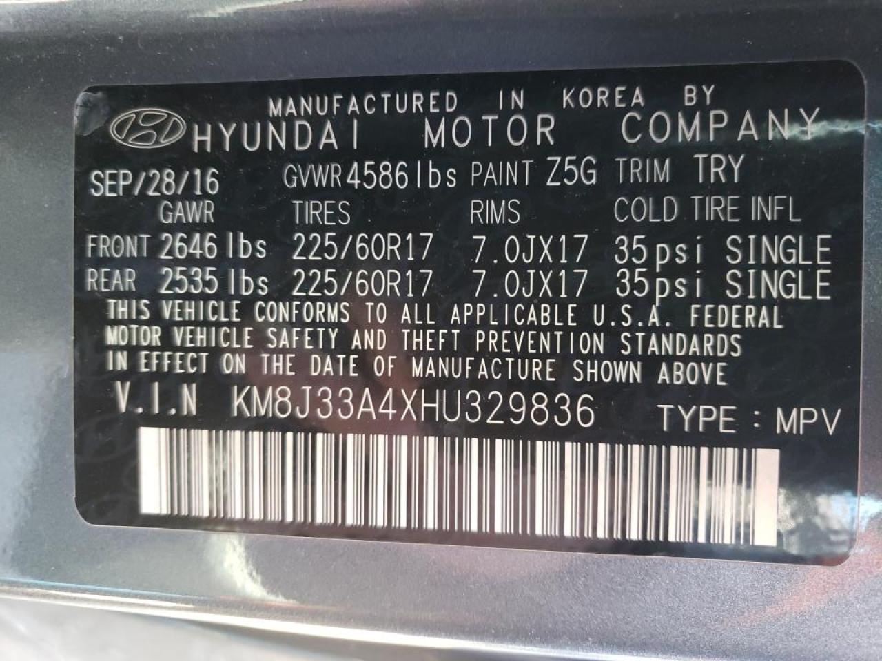 Photo 10 from auction – 2017 HYUNDAI TUCSON LIM with VIN KM8J33A4XHU329836