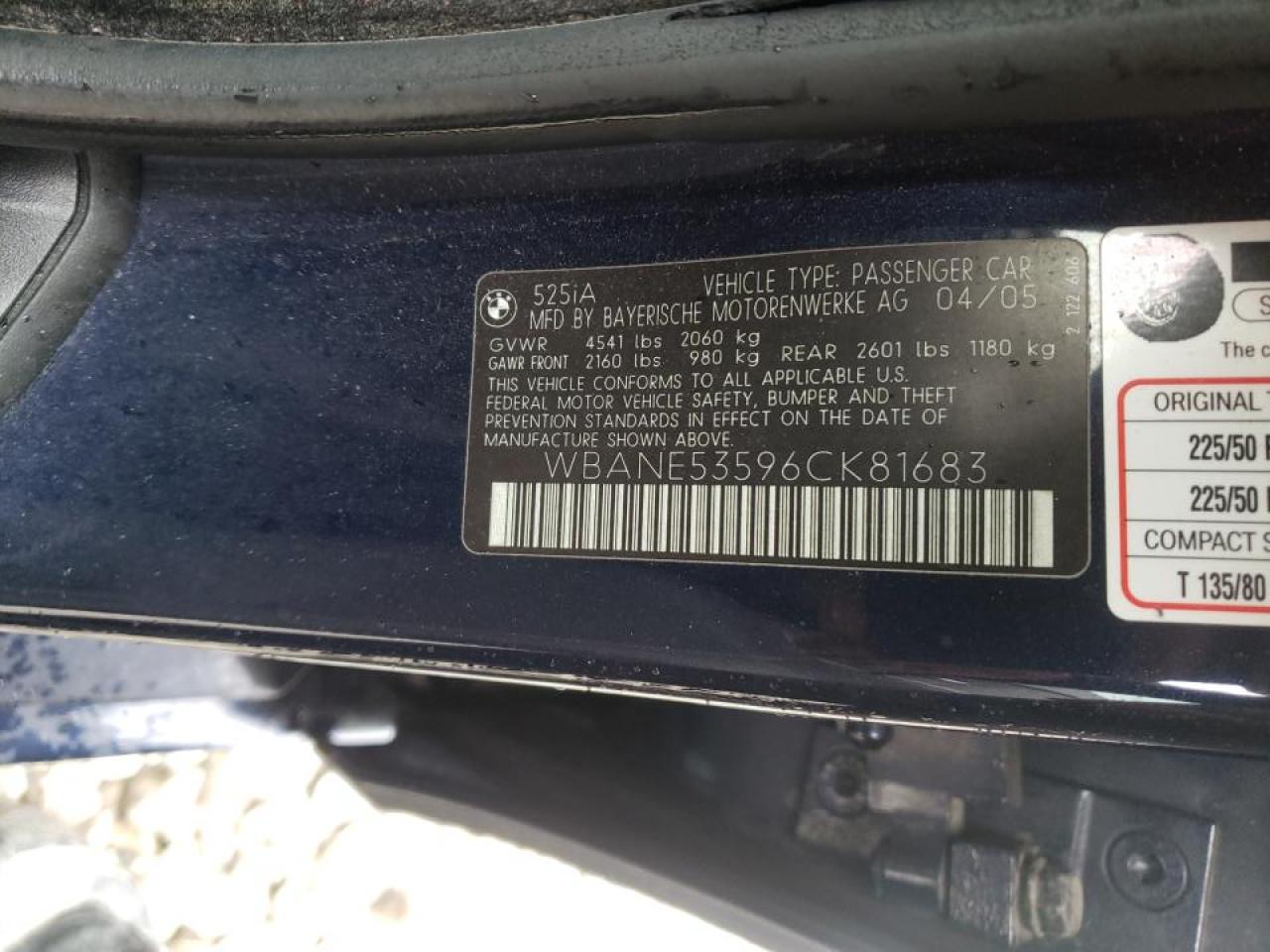 Photo 10 from auction – 2006 BMW 525 I with VIN WBANE53596CK81683