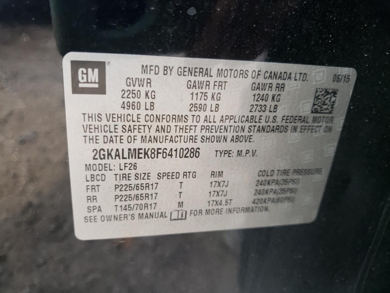 Photo 10 from auction – 2015 GMC TERRAIN SL with VIN 2GKALMEK8F6410286