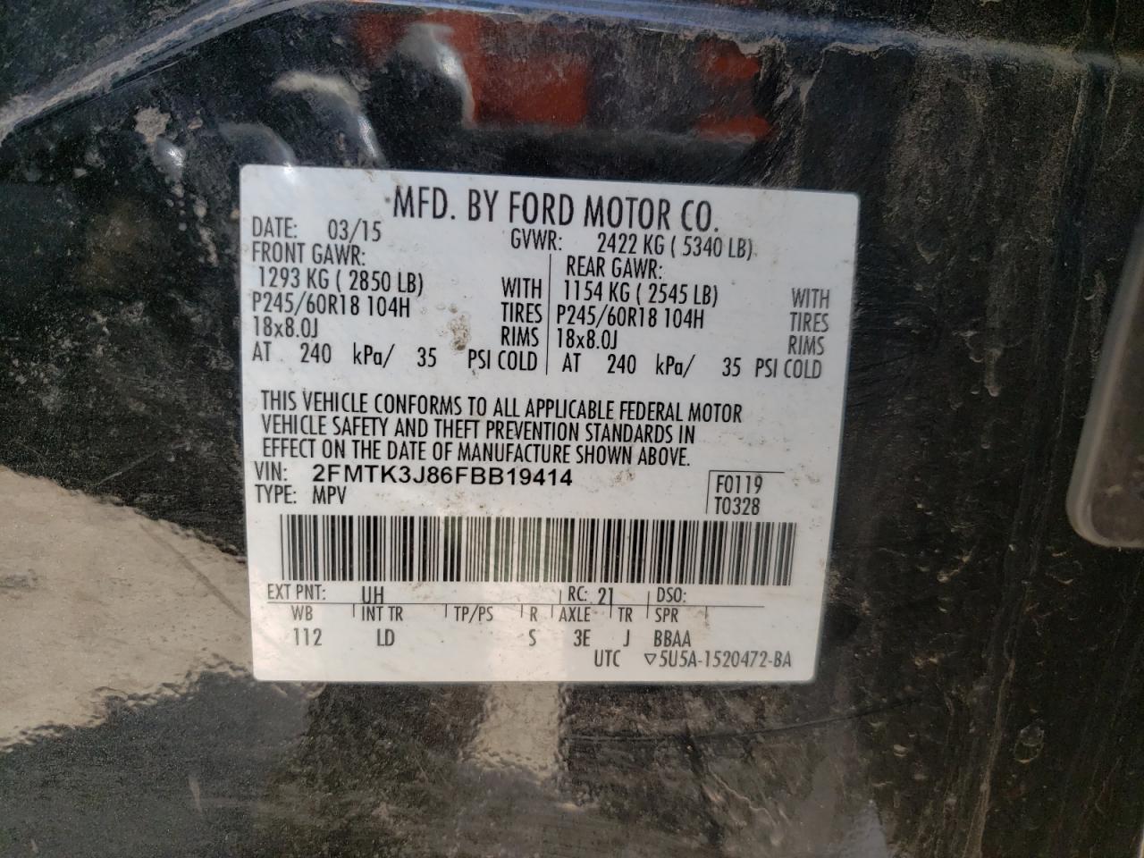 Photo 10 from auction – 2015 FORD EDGE SEL with VIN 2FMTK3J86FBB19414