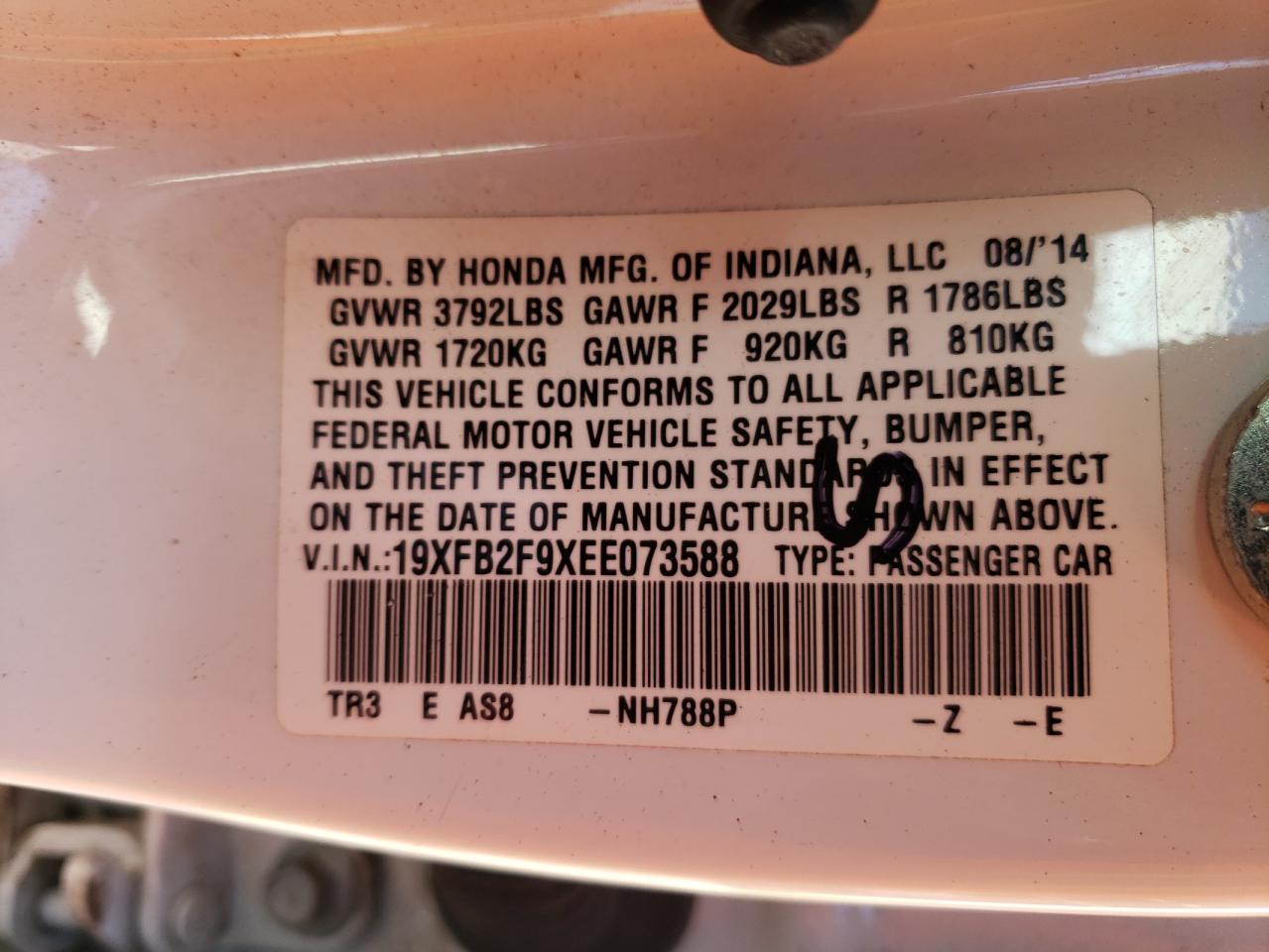 Photo 10 from auction – 2014 HONDA CIVIC EXL with VIN 19XFB2F9XEE073588