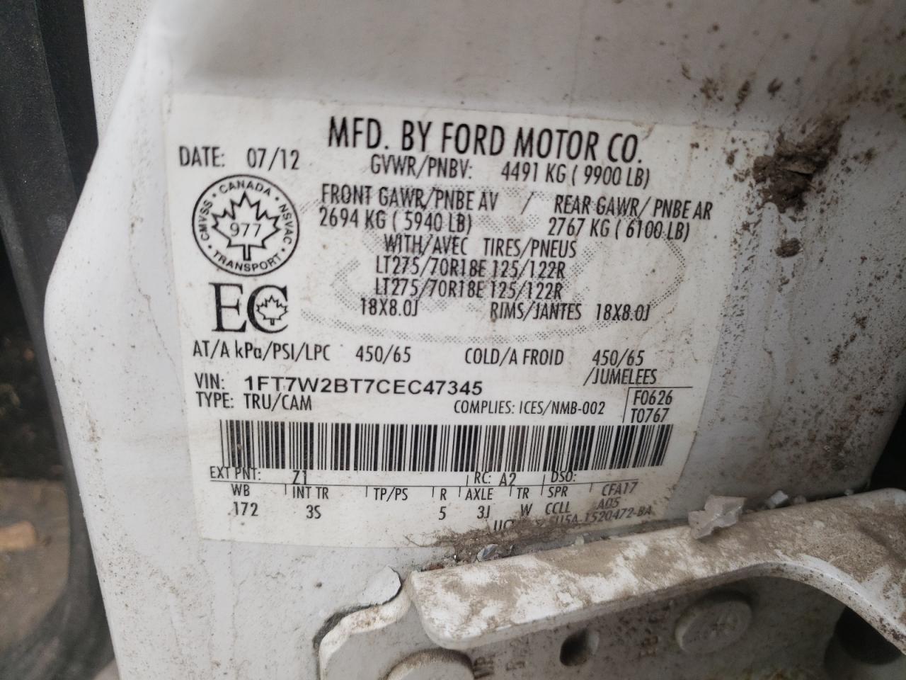 Photo 10 from auction – 2012 FORD F250 SUPER with VIN 1FT7W2BT7CEC47345