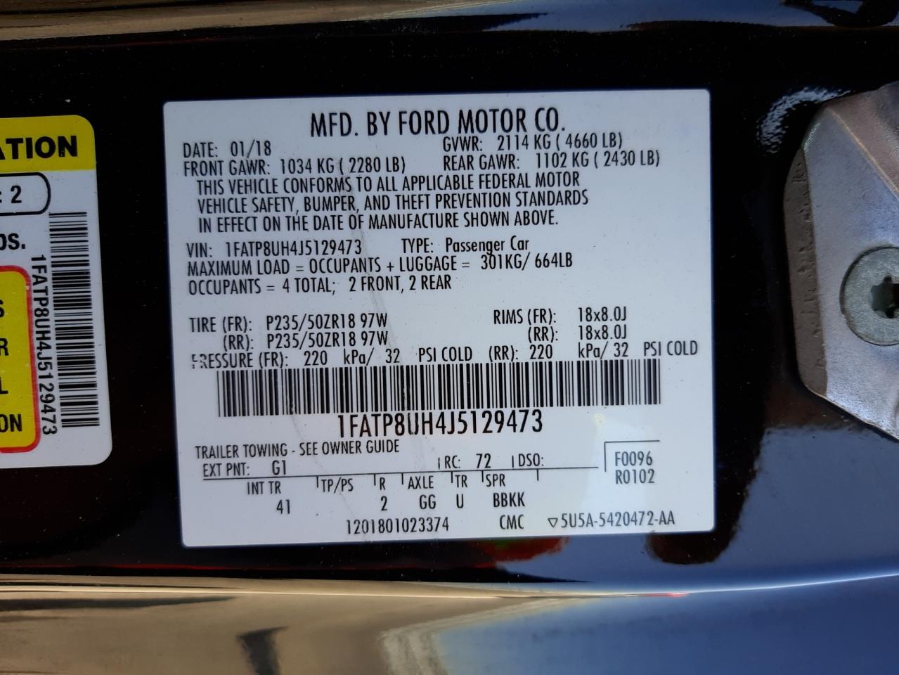 Photo 10 from auction – 2018 FORD MUSTANG with VIN 1FATP8UH4J5129473