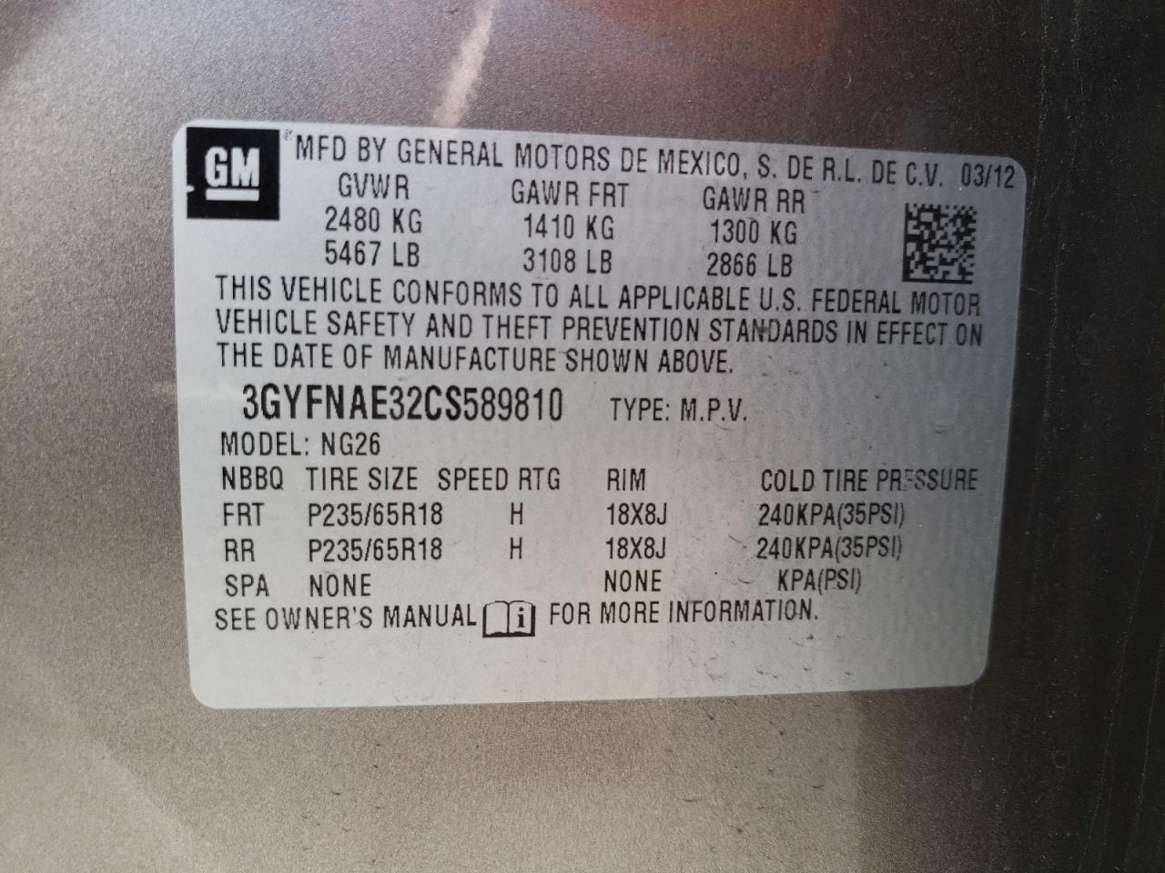 Photo 10 from auction – 2012 CADILLAC SRX LUXURY with VIN 3GYFNAE32CS589810