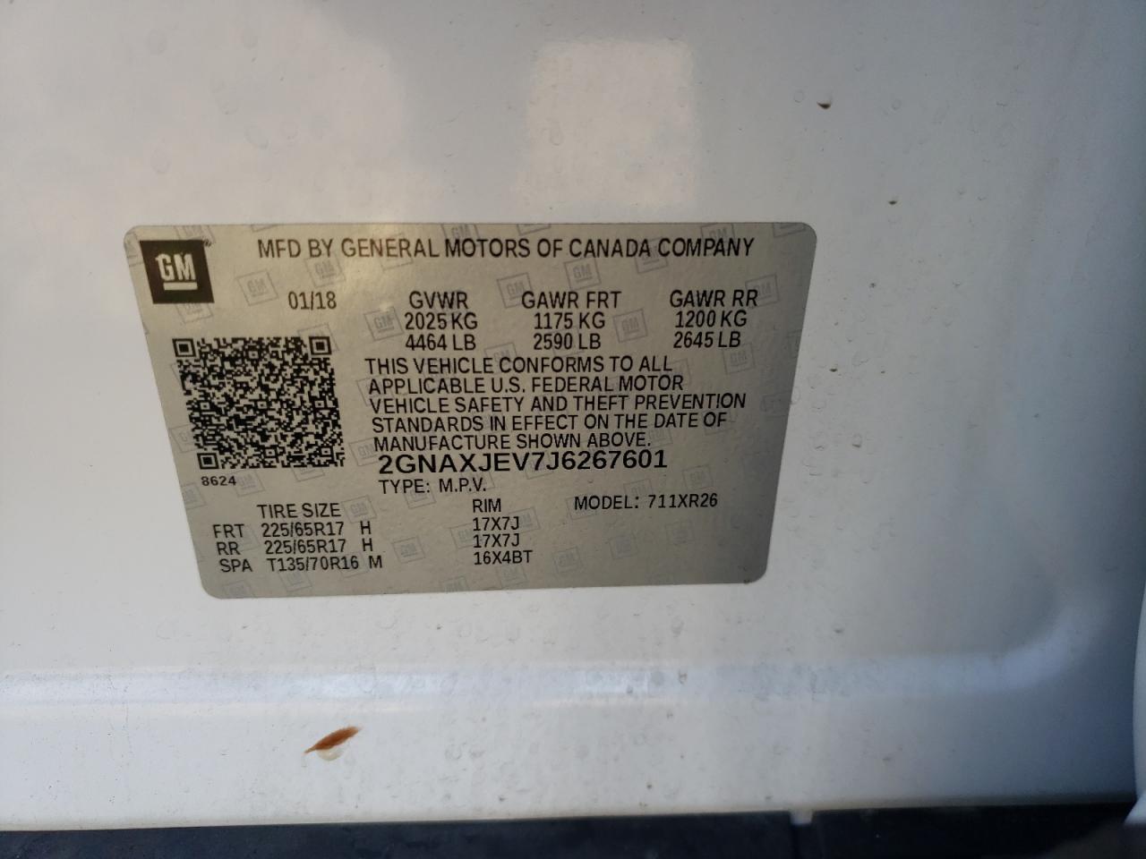Photo 10 from auction – 2018 CHEVROLET EQUINOX LT with VIN 2GNAXJEV7J6267601