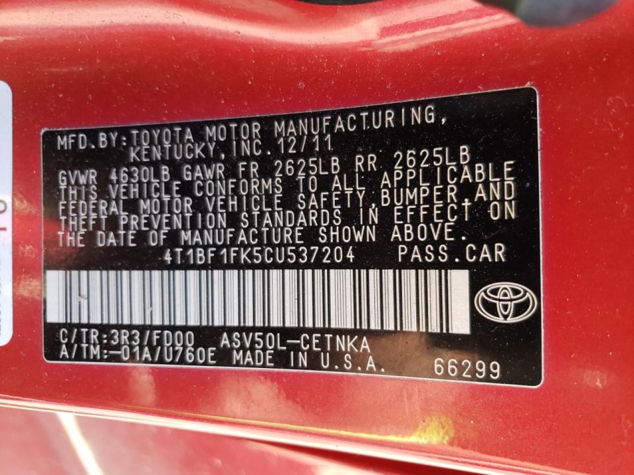 Photo 10 from auction – 2012 TOYOTA CAMRY BASE with VIN 4T1BF1FK5CU537204