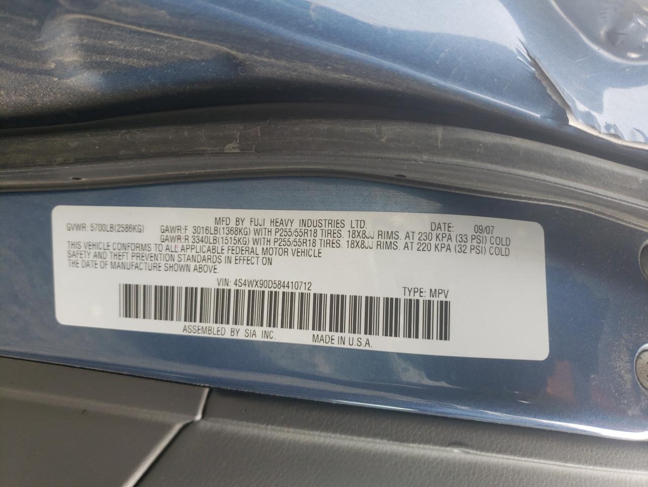Photo 10 from auction – 2008 SUBARU TRIBECA LI with VIN 4S4WX90D584410712