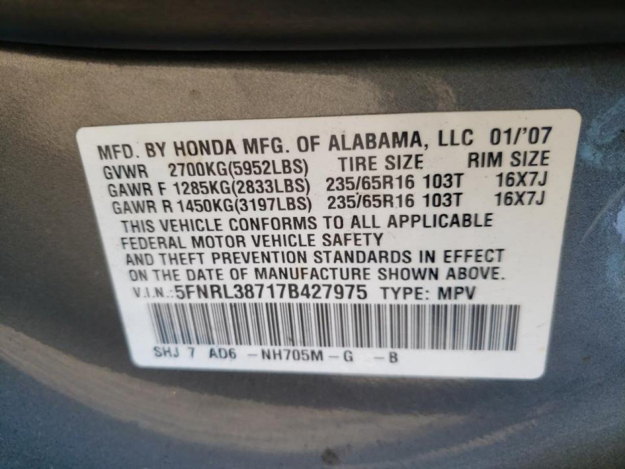 Photo 10 from auction – 2007 HONDA ODYSSEY EX with VIN 5FNRL38717B427975