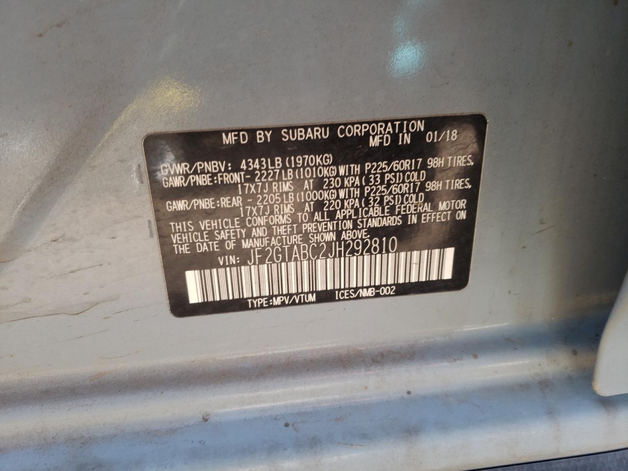 Photo 10 from auction – 2018 SUBARU CROSSTREK with VIN JF2GTABC2JH292810