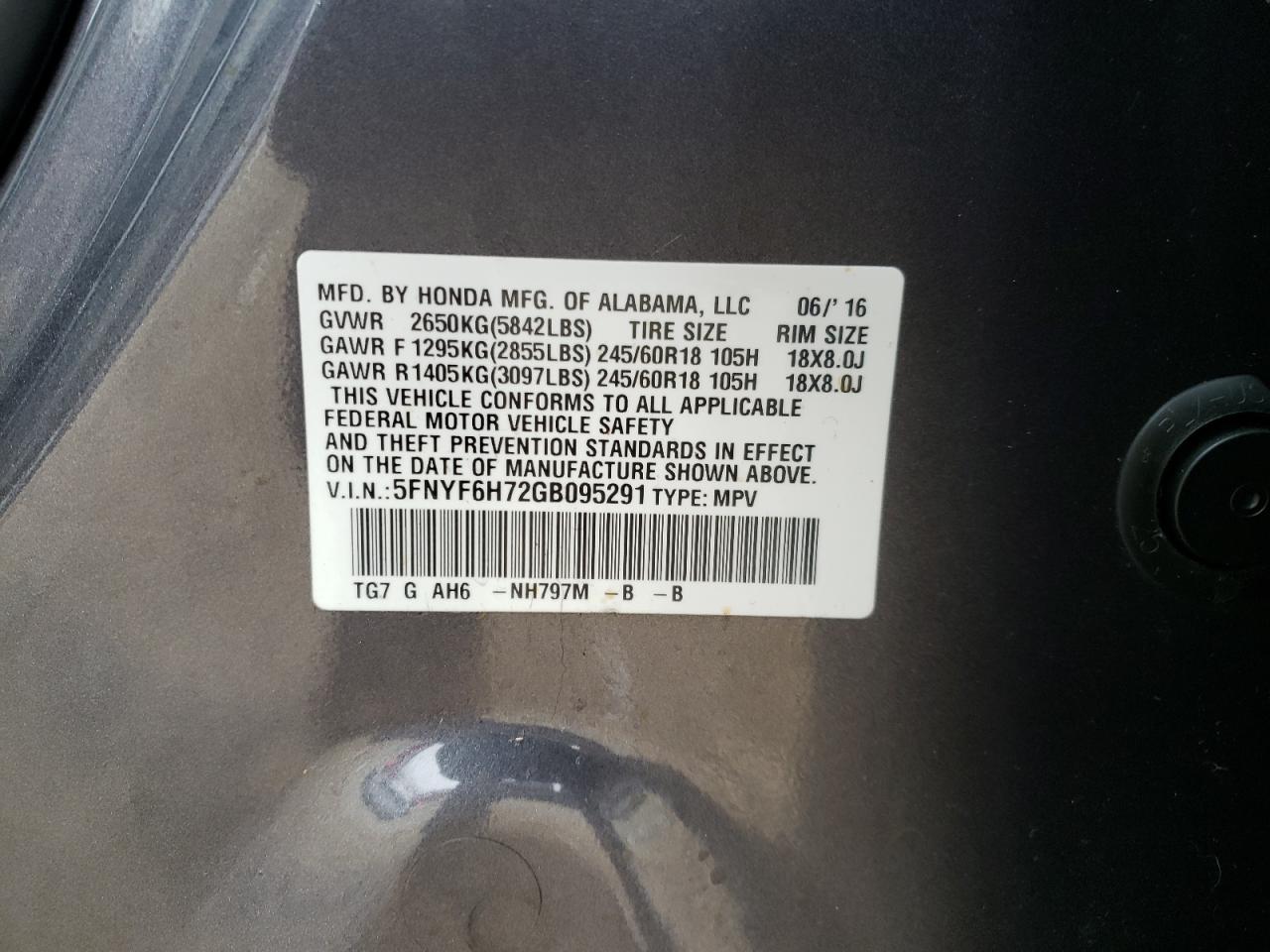 Photo 10 from auction – 2016 HONDA PILOT EXLN with VIN 5FNYF6H72GB095291