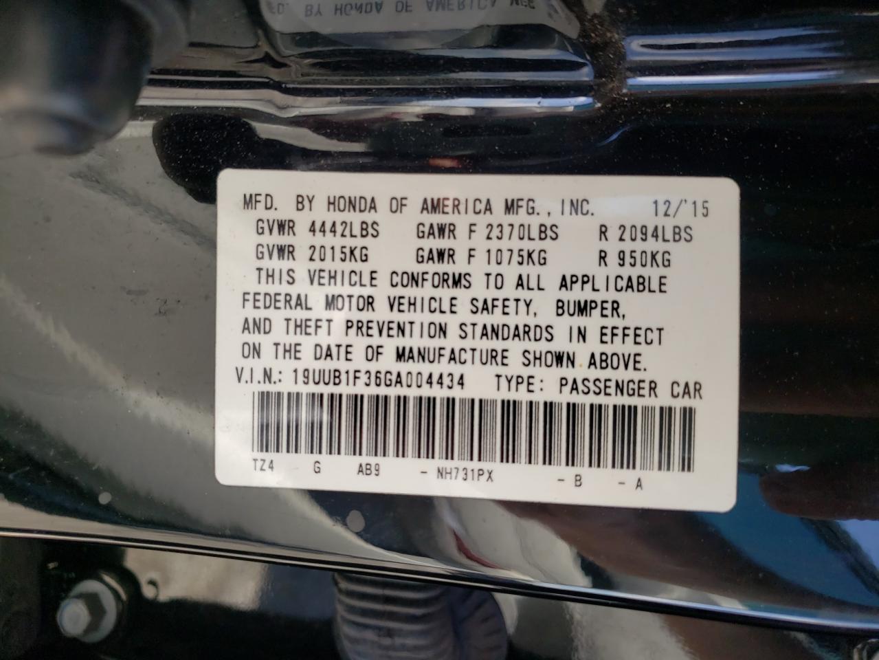 Photo 10 from auction – 2016 ACURA TLX with VIN 19UUB1F36GA004434
