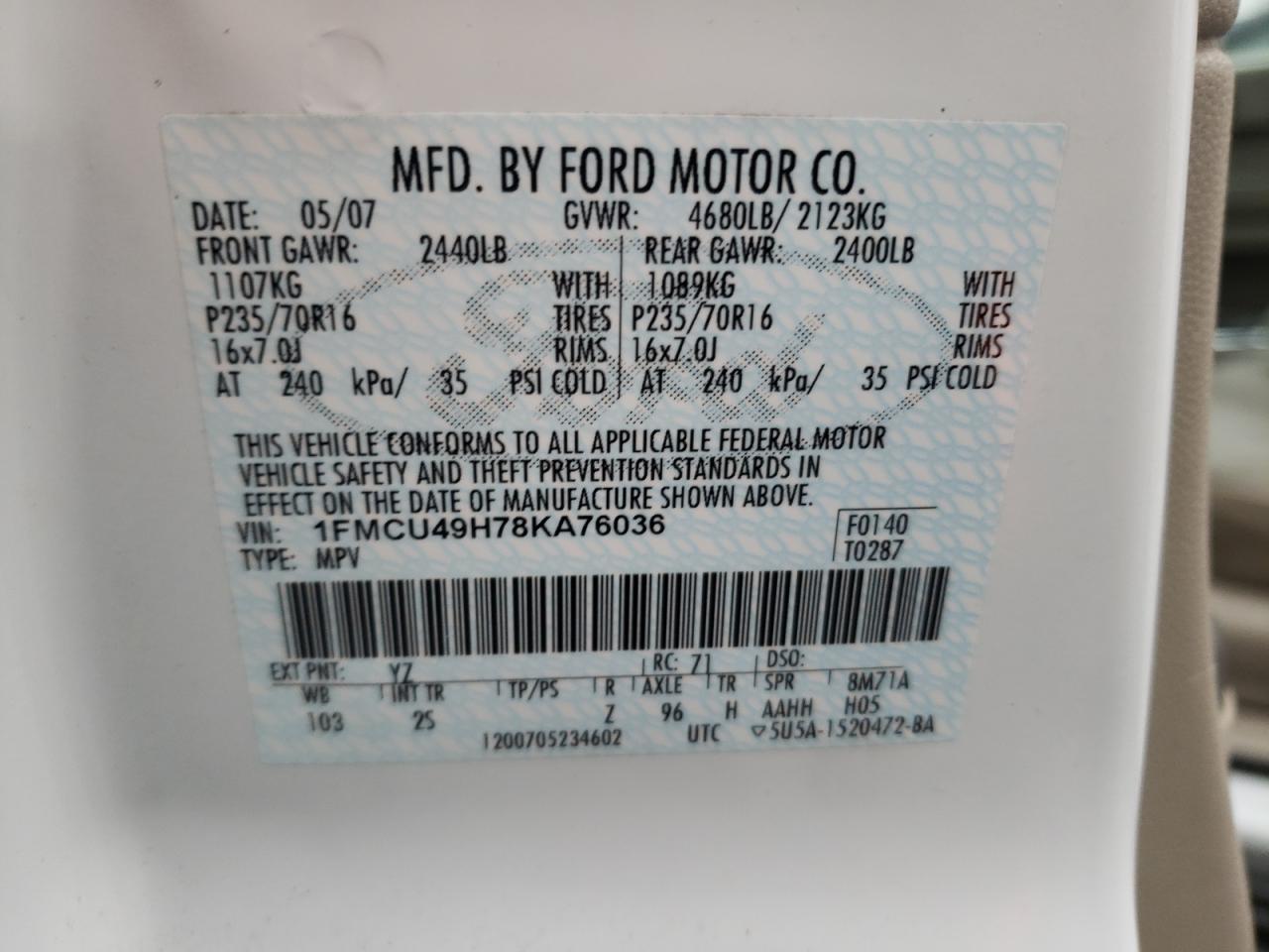 Photo 10 from auction – 2008 FORD ESCAPE HEV with VIN 1FMCU49H78KA76036