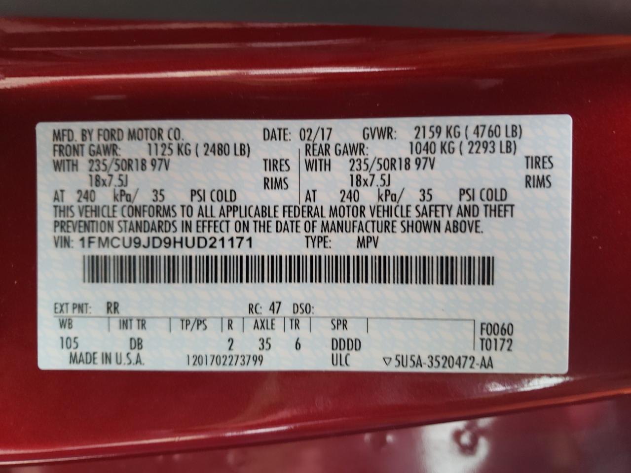 Photo 10 from auction – 2017 FORD ESCAPE TIT with VIN 1FMCU9JD9HUD21171