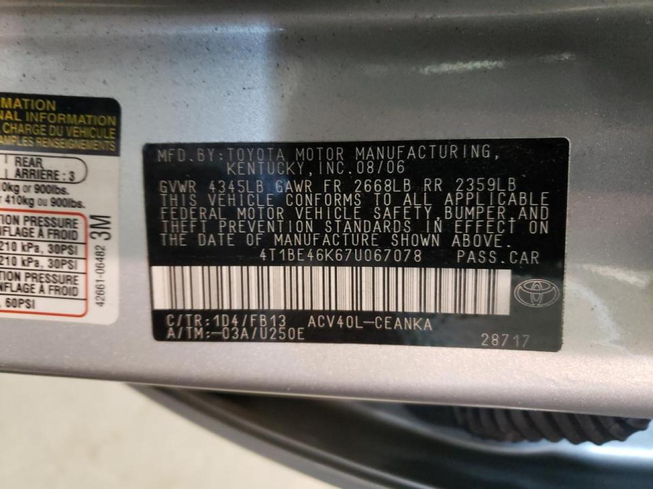 Photo 10 from auction – 2007 TOYOTA CAMRY CE with VIN 4T1BE46K67U067078