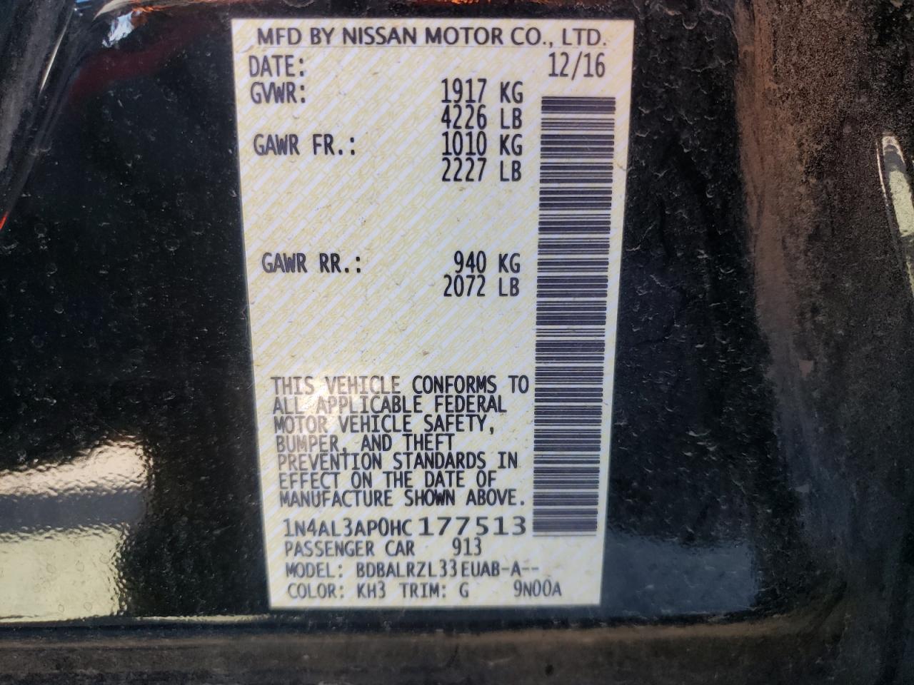 Photo 10 from auction – 2017 NISSAN ALTIMA 2.5 with VIN 1N4AL3AP0HC177513