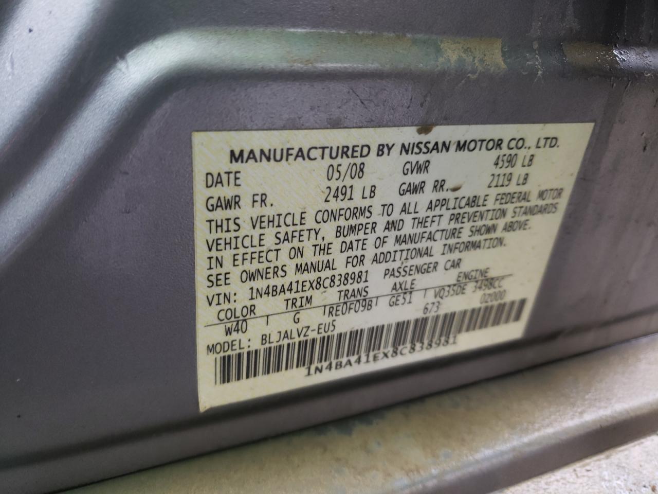 Photo 10 from auction – 2008 NISSAN MAXIMA SE with VIN 1N4BA41EX8C838981