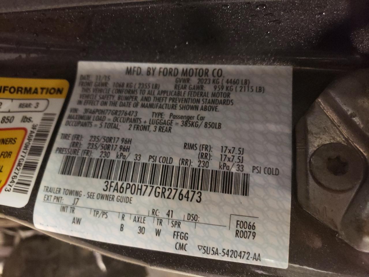 Photo 10 from auction – 2016 FORD FUSION SE with VIN 3FA6P0H77GR276473