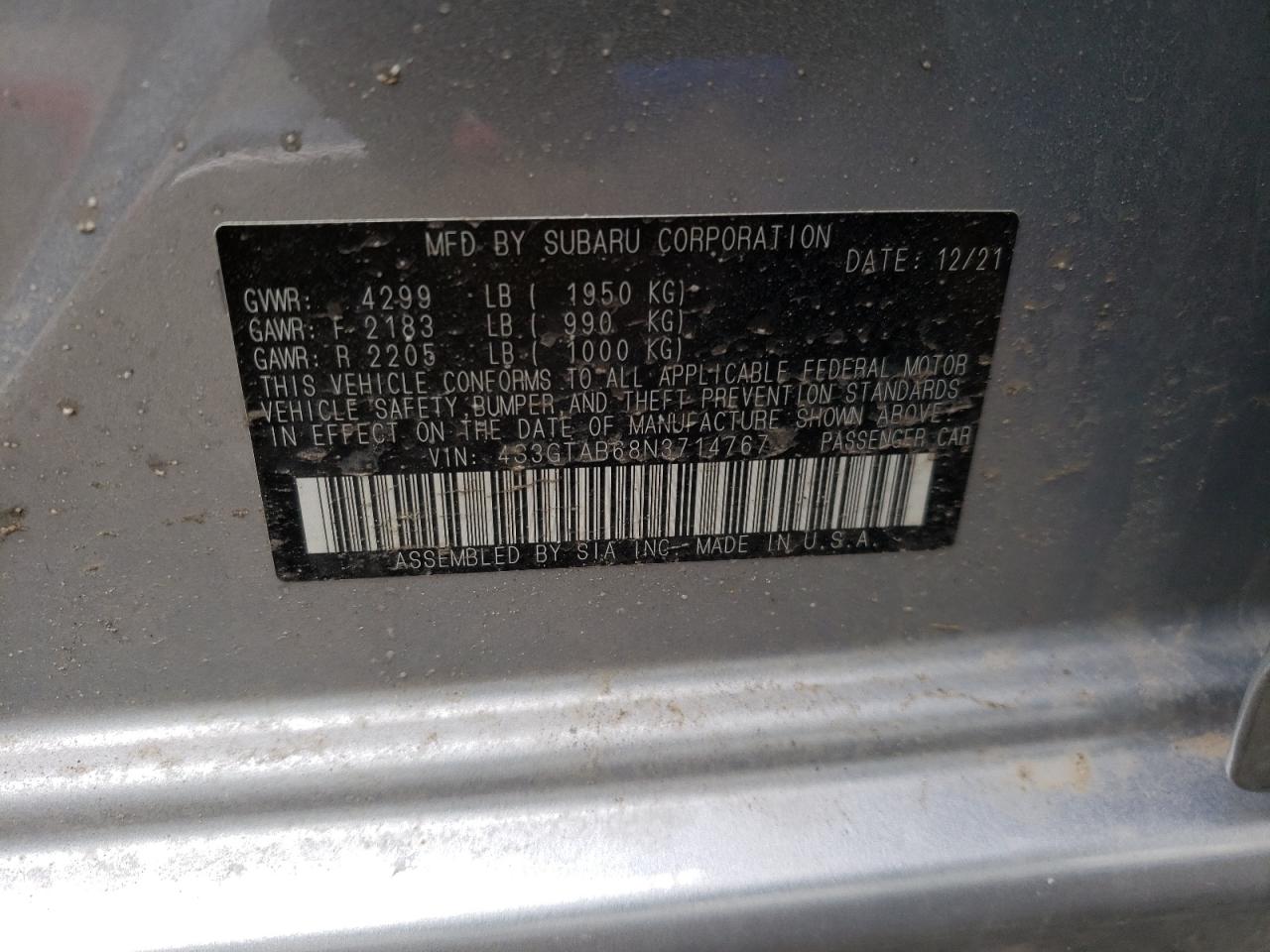 Photo 10 from auction – 2022 SUBARU IMPREZA with VIN 4S3GTAB68N3714767