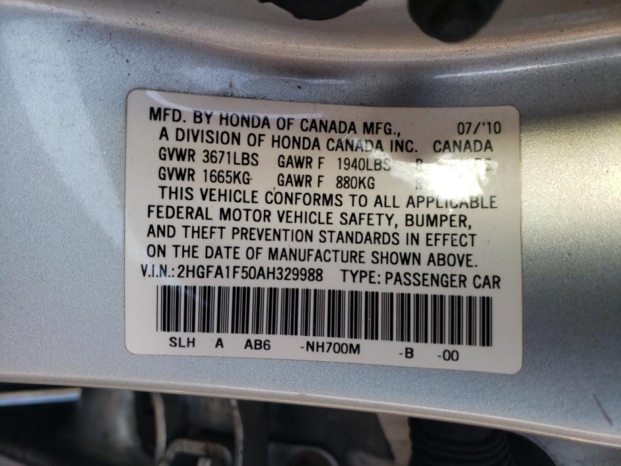 Photo 10 from auction – 2010 HONDA CIVIC LX with VIN 2HGFA1F50AH329988
