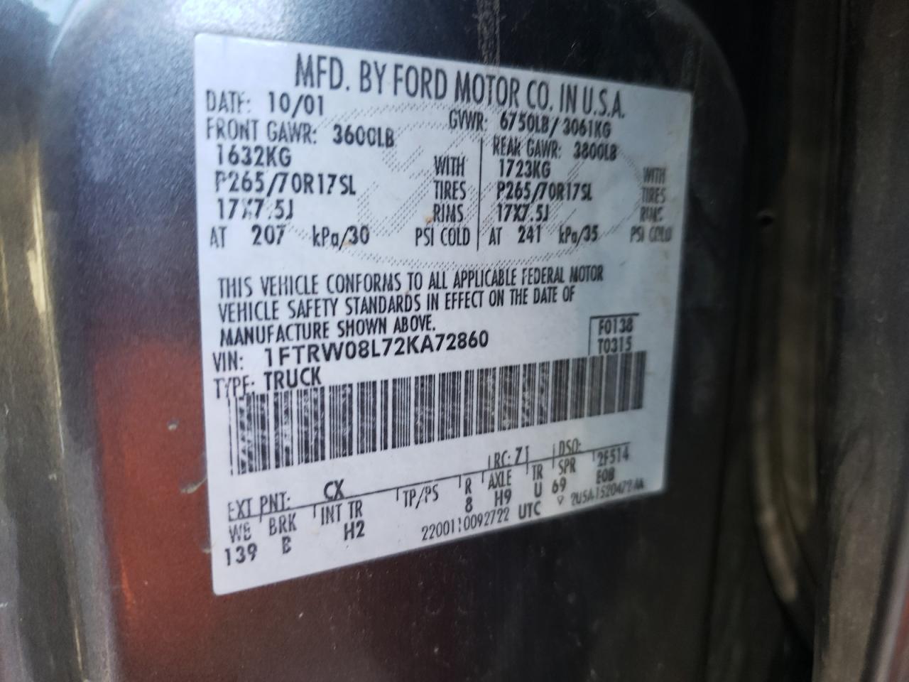 Photo 10 from auction – 2002 FORD F150 SUPER with VIN 1FTRW08L72KA72860