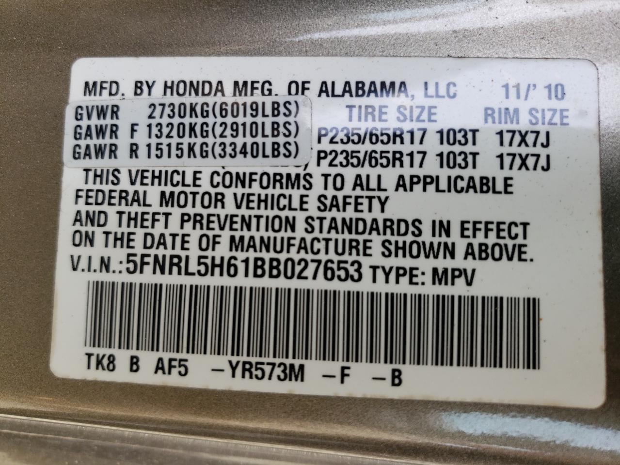 Photo 10 from auction – 2011 HONDA ODYSSEY EX with VIN 5FNRL5H61BB027653