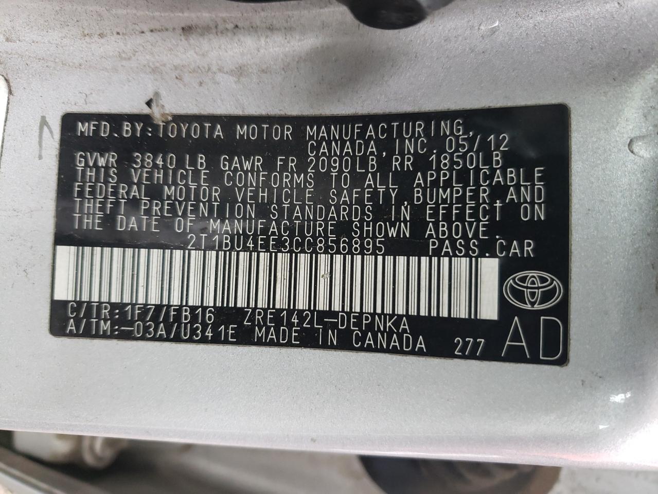 Photo 10 from auction – 2012 TOYOTA COROLLA BA with VIN 2T1BU4EE3CC856895