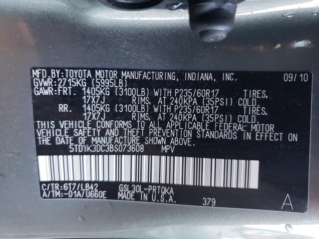 Photo 10 from auction – 2011 TOYOTA SIENNA XLE with VIN 5TDYK3DC3BS073608