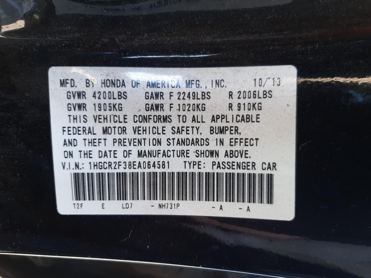 Photo 10 from auction – 2014 HONDA ACCORD LX with VIN 1HGCR2F38EA064581