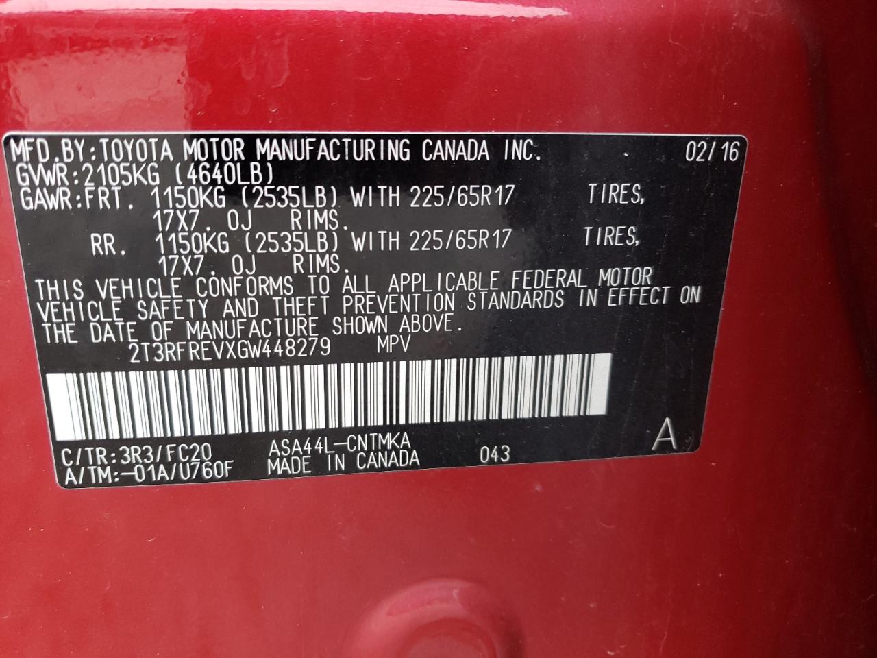 Photo 10 from auction – 2016 TOYOTA RAV4 XLE with VIN 2T3RFREVXGW448279