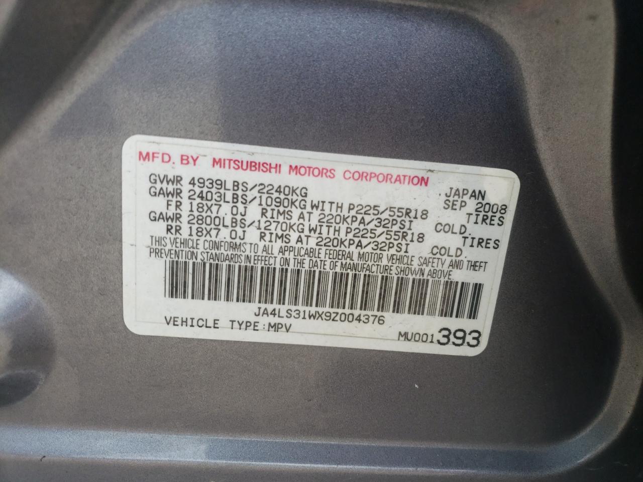 Photo 10 from auction – 2009 MITSUBISHI OUTLANDER with VIN JA4LS31WX9Z004376