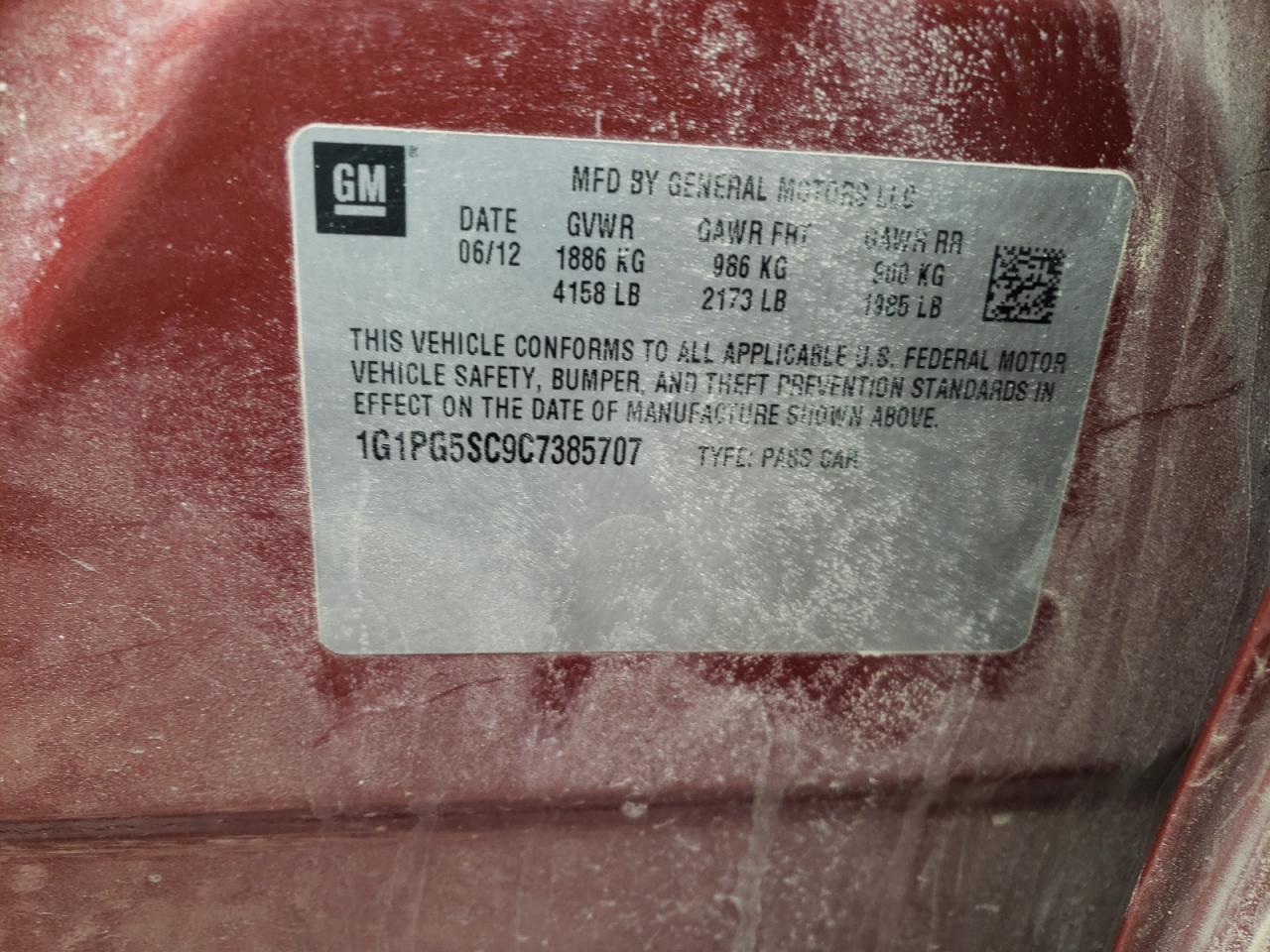 Photo 10 from auction – 2012 CHEVROLET CRUZE LT with VIN 1G1PG5SC9C7385707