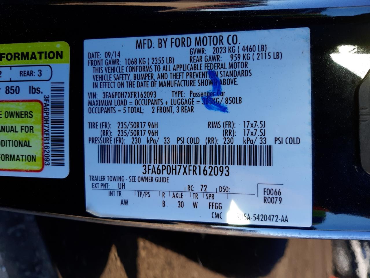Photo 10 from auction – 2015 FORD FUSION SE with VIN 3FA6P0H7XFR162093