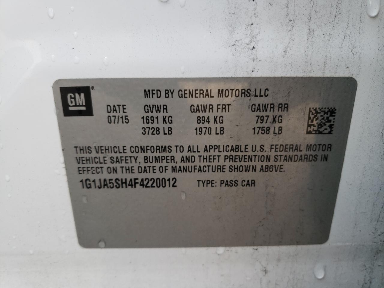 Photo 10 from auction – 2015 CHEVROLET SONIC LS with VIN 1G1JA5SH4F4220012