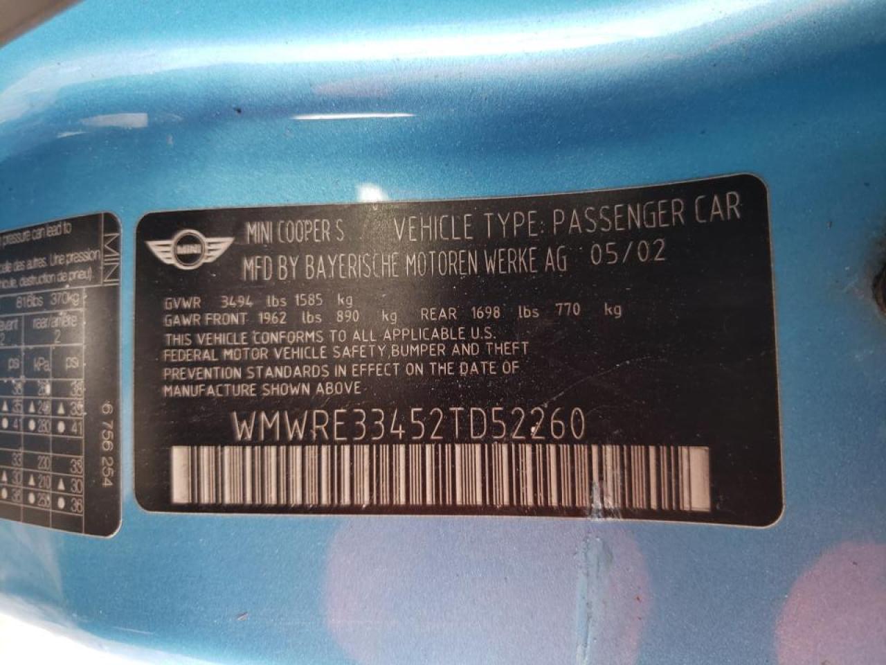 Photo 10 from auction – 2002 MINI COOPER S with VIN WMWRE33452TD52260