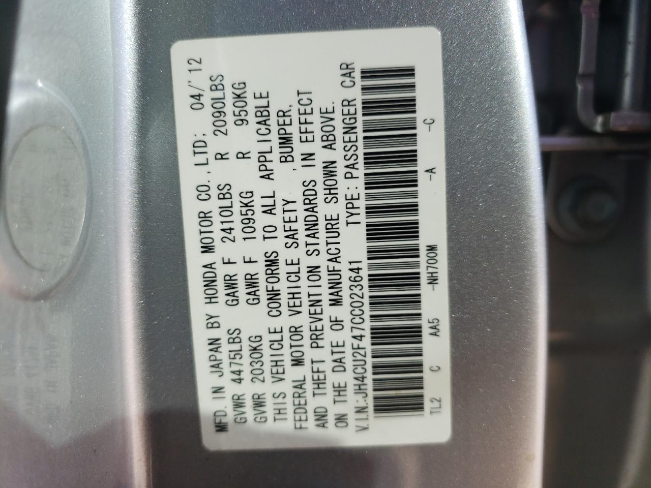 Photo 10 from auction – 2012 ACURA TSX with VIN JH4CU2F47CC023641